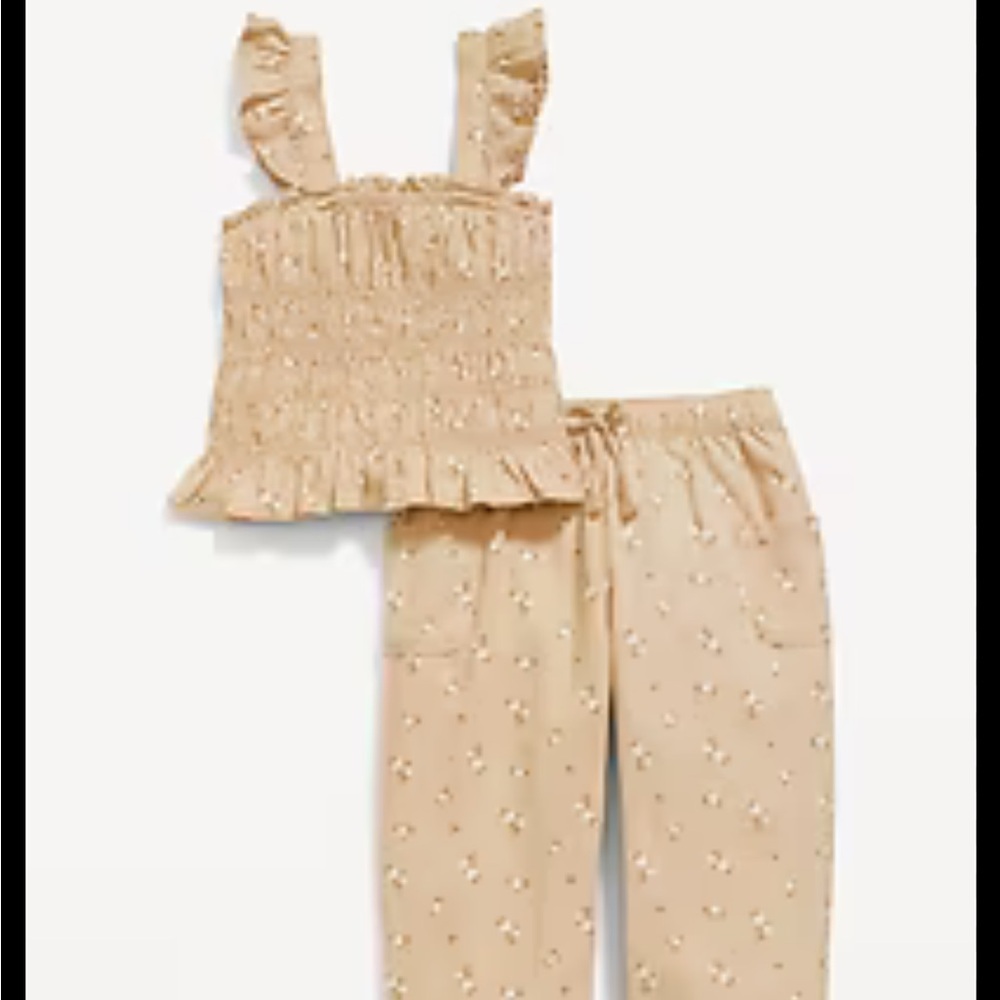 ISO Sleeveless Smocked Top and Pants Set for Toddler Girls Neutral Ditsy Floral